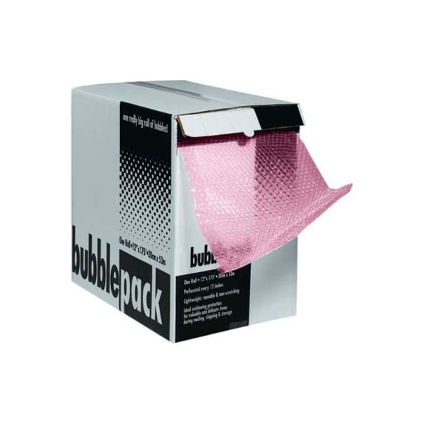 The Packaging Wholesalers Perforated Anti Static Bubble Roll W/Dispenser, 12"W x 65'L x 1/2" Thick, Pink CBD1212AS